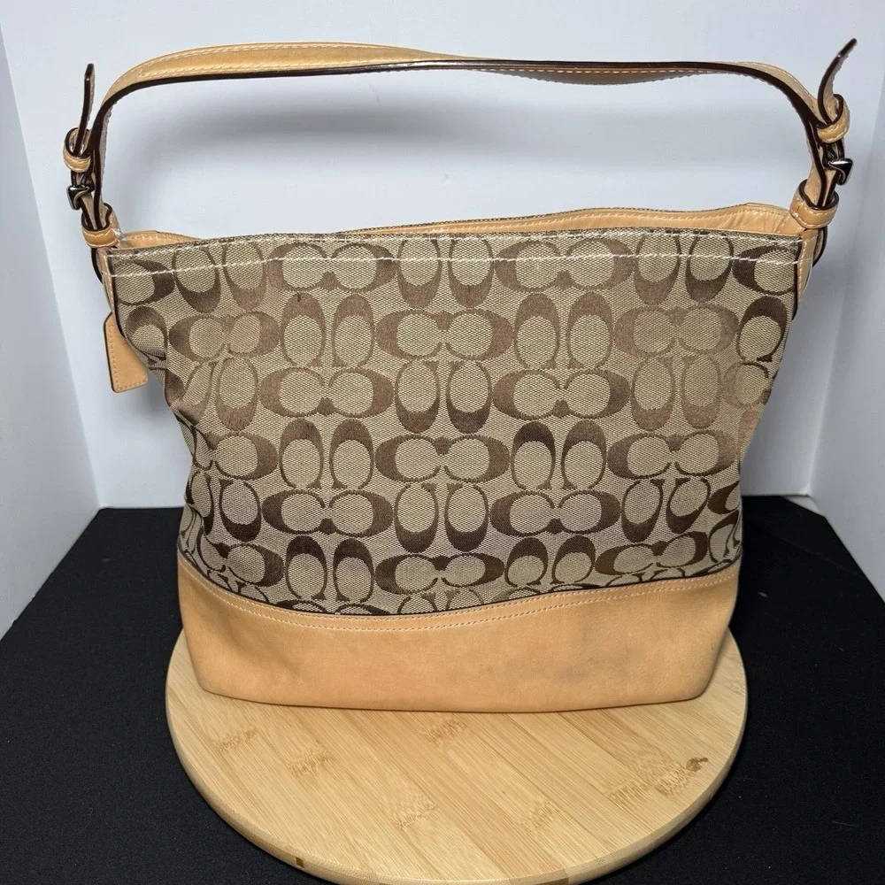COACH Purse Vintage Signature Jacquard Canvas Leather Hobo Shoulder Bag 2156 Y2K - Picture 3 of 10
